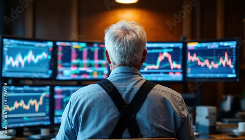 Mature Man Focused on Stock Market Data Displayed on Multiple Monitors
