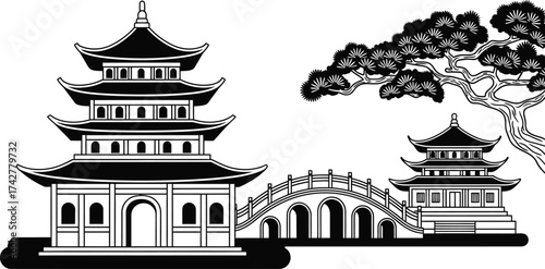 Black and white chinese pagoda temple bridge vector design editable vector
