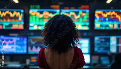 Woman with Curly Hair Observes Stock Market Data on Multiple Monitors in a Dark Trading Room