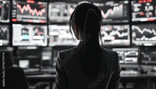 Silhouette of a Woman in a Business Suit Analyzing Financial Data on Multiple Monitors