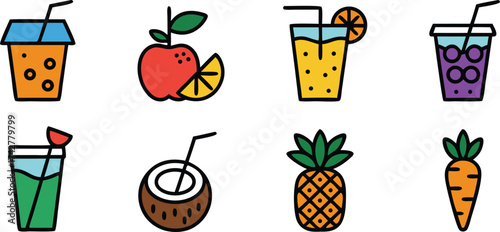 Collection of Refreshing Drinks and Tropical Fruits Presented in a Geometric Style Iconography for Visual Appeal