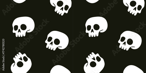 Vector seamless pattern with white skull on black background. Spooky Halloween design for wrapping paper, textile, wallpaper, and festive decoration.