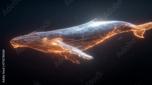 Ethereal glowing whale swimming in dark deep ocean. Majestic marine creature with futuristic digital outline and vibrant light effect.
