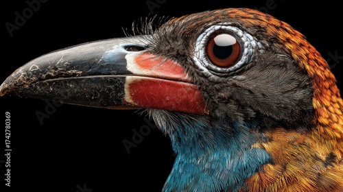 Detailed close-up profile of a colorful exotic bird with vibrant blue, orange, and black feathers, a sharp beak, and expressive eye.