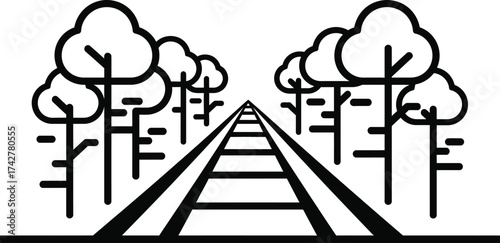 Railroad tracks vector clip art with trees and perspective editable vector