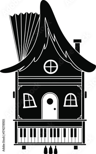 Whimsical accordion house with piano keys and musical notes on a white background