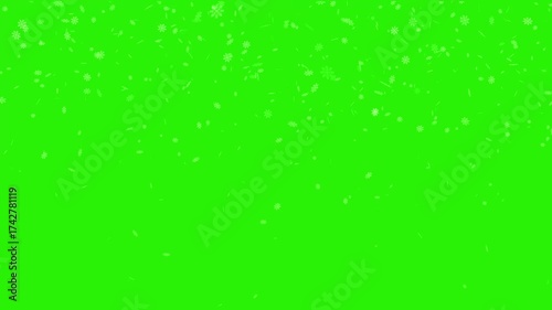 4K seamless animation of falling snowflakes green background for chroma key use