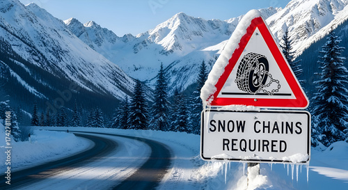 Scenic Winter Mountain Road With Required Snow Chains Sign Cautioning Travelers