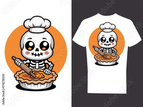 Cute Skeleton Making Pumpkin Cakes Halloween Design	
