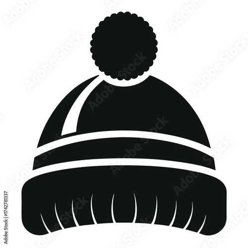 Simple monochrome winter beanie has a pom pom and several stripe accent details