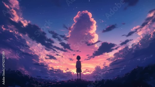 Anime Girl Silhouette Gazing at a Dramatic Sunset Sky.