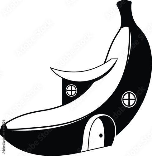 Whimsical banana shaped house with a door and windows a playful illustration
