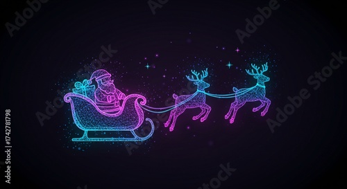 Futuristic Santa’s Sleigh Outlined in Holographic Neon Cyan and Magenta Lights on Dark Background