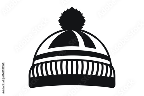 Black winter hat with pompom features a ribbed band and stylish stripe
