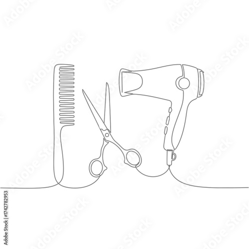 Continuous line drawing of comb scissors and hair dryer on a white background in simple style