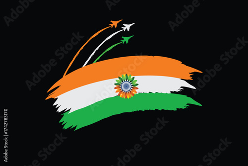 Vibrant brushstroke Indian flag on a black background with fighter jets flying in formation leaving saffron, white, and green smoke trails