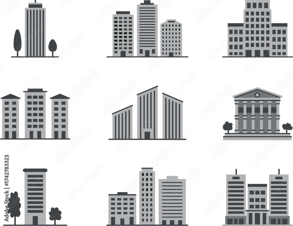 Fototapeta premium Collection of stylized building icons representing urban architecture