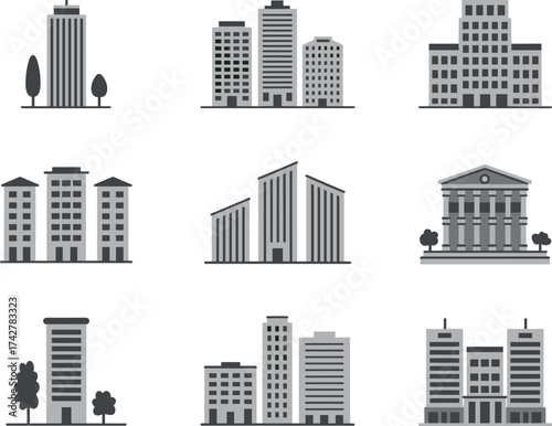 Collection of stylized building icons representing urban architecture