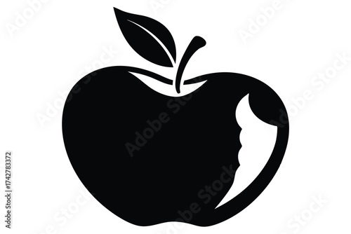 A partially consumed apple with a leaf and stem is rendered in solid black