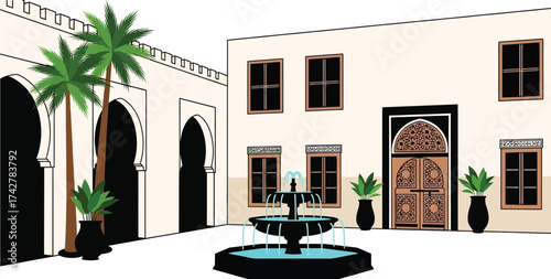 Moroccan courtyard design with fountain and palm trees view editable vector
