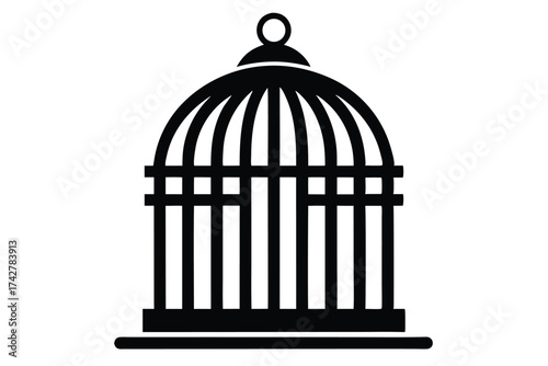 Silhouette depicts a simple, minimalist, black birdcage emblem, symbolizing confinement on a white plane