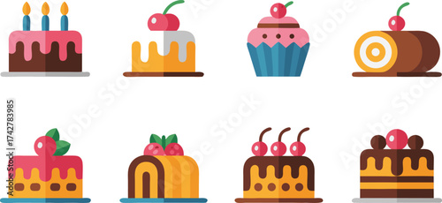 Collection of Delicious Geometric Style Dessert Icons Featuring Cakes and Pastries