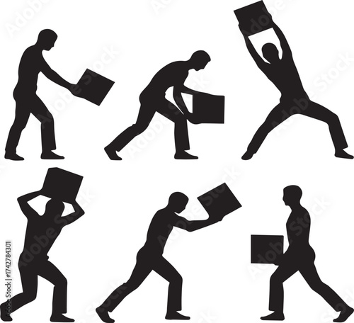 Six black silhouette figures in various poses carrying or lifting square boxes person
