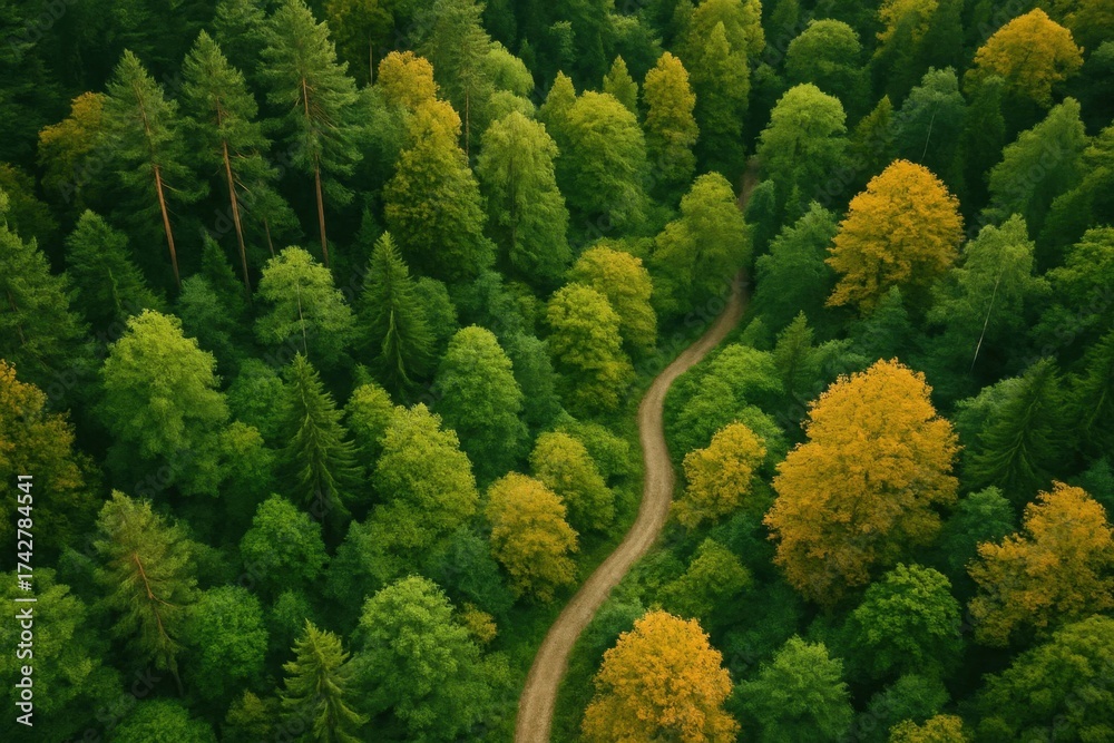 Naklejka premium A winding dirt path meanders through a vibrant forest of green and yellow trees