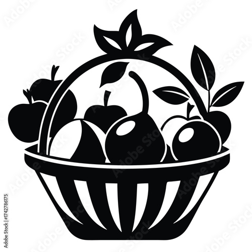 Apples, cherries, and pears are arranged inside a woven basket in monochrome black