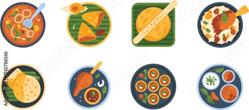 Geometric Style Icons Representing Various South Indian Food Dishes With A Flat Design Aesthetic And Vibrant Colors