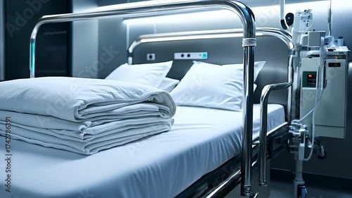modern hospital bed, white sheets neatly folded, stainless steel railings reflecting soft fluorescent lights, medical monitor beside bed glowing faintly, sterile atmosphere, cinematic 8K, shallow dep