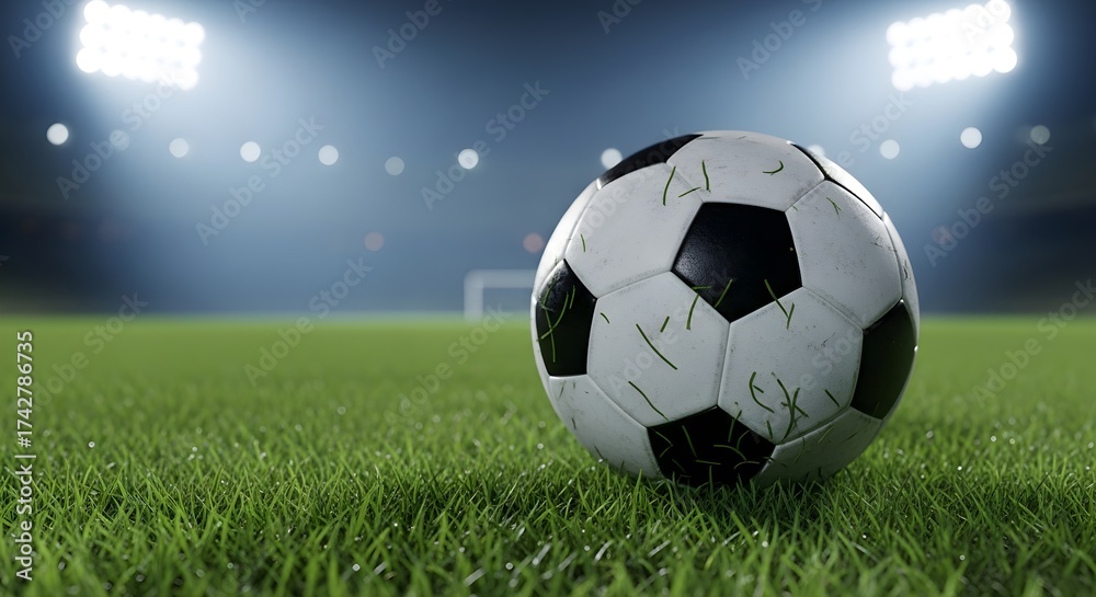 Naklejka premium Classic black and white soccer ball rests on lush green field under stadium lights ready for game