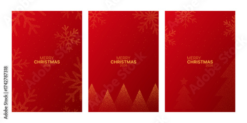christmas 2026 red banner set with golden snowflakes and dot art trees. Festive winter holiday greeting card design element.