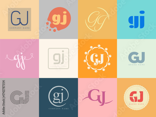 GJ logo company template. Letter g and j logotype. Set different classic serif lettering and modern bold text with design elements. Initial font typography.