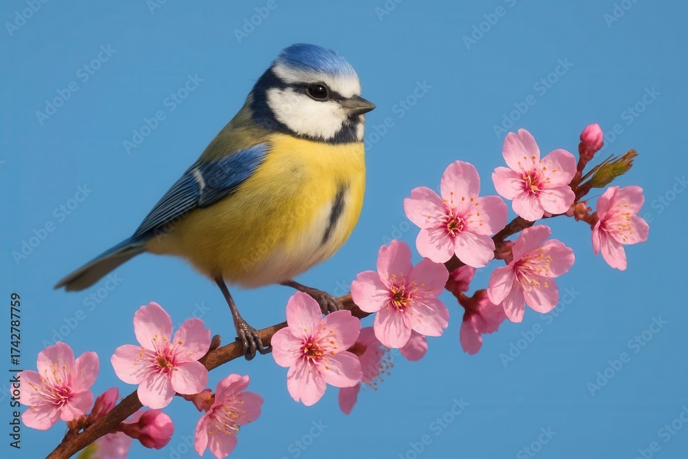 Fototapeta premium A Blue Tit perches on a branch adorned with delicate pink blossoms, set against the backdrop of a clear blue sky