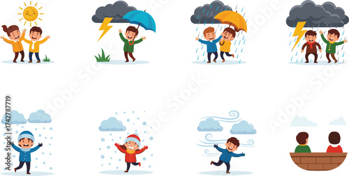 Cartoon children enjoying various weather conditions like sun, rain, thunderstorm, snow, wind, cloudy sky, vector illustration on white background.