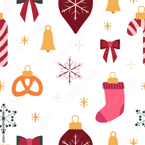 A Christmas seamless pattern featuring New Year's toys. Perfect for children's clothing and home decor, as well as wrapping paper.
