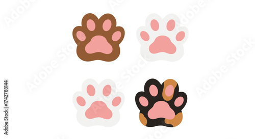 Set of four cute cat paw prints in brown, white, and calico colors with pink pads. Minimalist flat vector design on white background, perfect for pet or animal-themed designs.