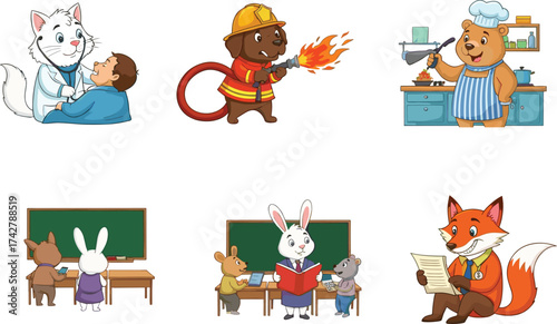 Animal characters in cartoon style portraying professions like doctor, firefighter, chef, teacher, and journalist in educational vector illustration cartoon.