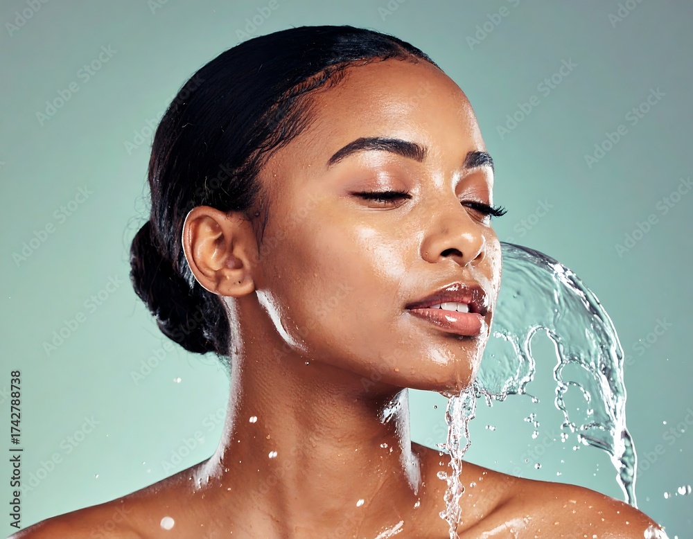 Naklejka premium Young woman splashing water on her clean smooth face 