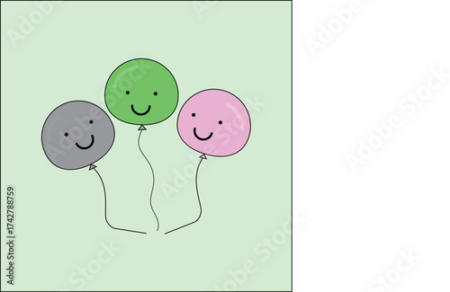 balloon, green, pink, gray, smile, cartoon, illustration, light green, string, happy, celebration, party, cute, whimsical, drawing, graphic, design, simple, cheerful, playful