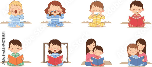 Cute children bedtime routine illustration cartoon set with yawning, brushing teeth, reading storybooks, sleeping, and mother child bonding.