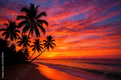 A Silhouette of Palm Trees against a Vibrant Oceanic Horizon