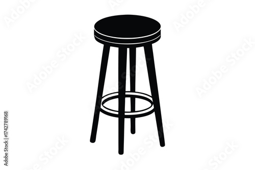 Isolated silhouette highlights a three legged bar stool with a circular footrest design
