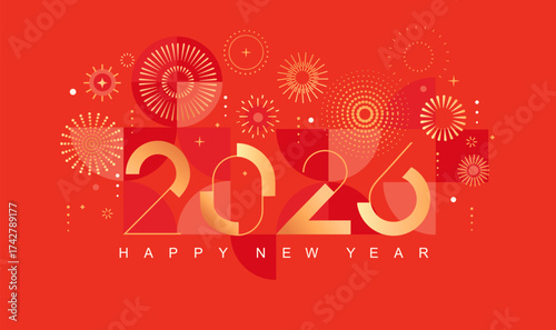 Celebrating 2026 New Year. Bright card for happy event with abstract golden fireworks and golden numbers on red background with geometric pattern. Template for poster, flyer, web. Vector illustration