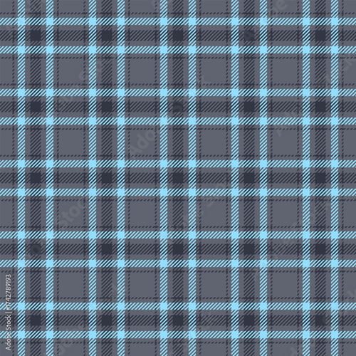 Classic plaid pattern in gray and light blue hues. Seamless textile design, perfect for backgrounds, apparel, or graphic projects requiring a traditional, versatile texture.