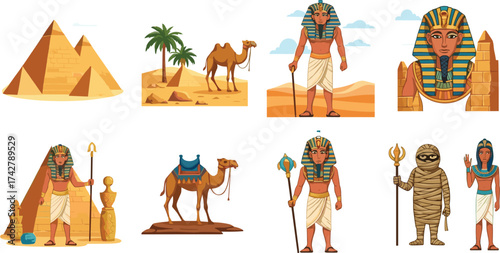Ancient Egypt cartoon vector set with pyramids, pharaoh, camels, mummy, desert landscape, artifacts, and Egyptian queen character.