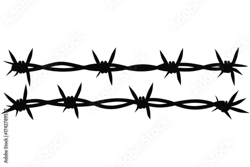 Black barbed wire stretches across the horizon on a white plain background