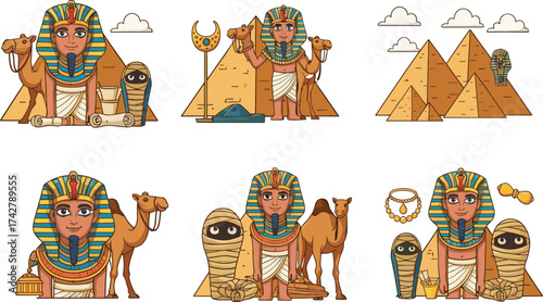 Ancient Egypt cartoon illustration set with pharaoh, pyramids, camels, mummy, treasures, and scrolls on white background for vector design.