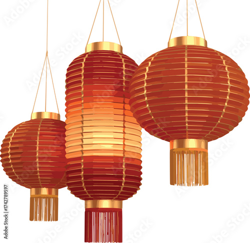 Three red and orange Chinese lanterns with gold accents and tassels hanging on white background red lantern
